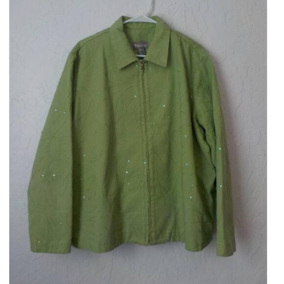 Vintage Tanjay Light Green Denim Zip Up Jacket Sequin Embroidery Women Sz Large - Picture 11 of 12
